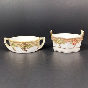 Antique Pair Nippon Open Salt Cellar With Handles, Salt Dip, Hand Painted